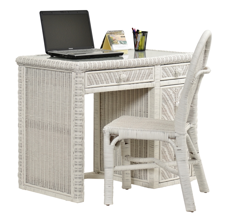 Santa-Cruz-desk-chair-set-drawer--Wicker-detail-Tropical-coastal-casual-white-finish